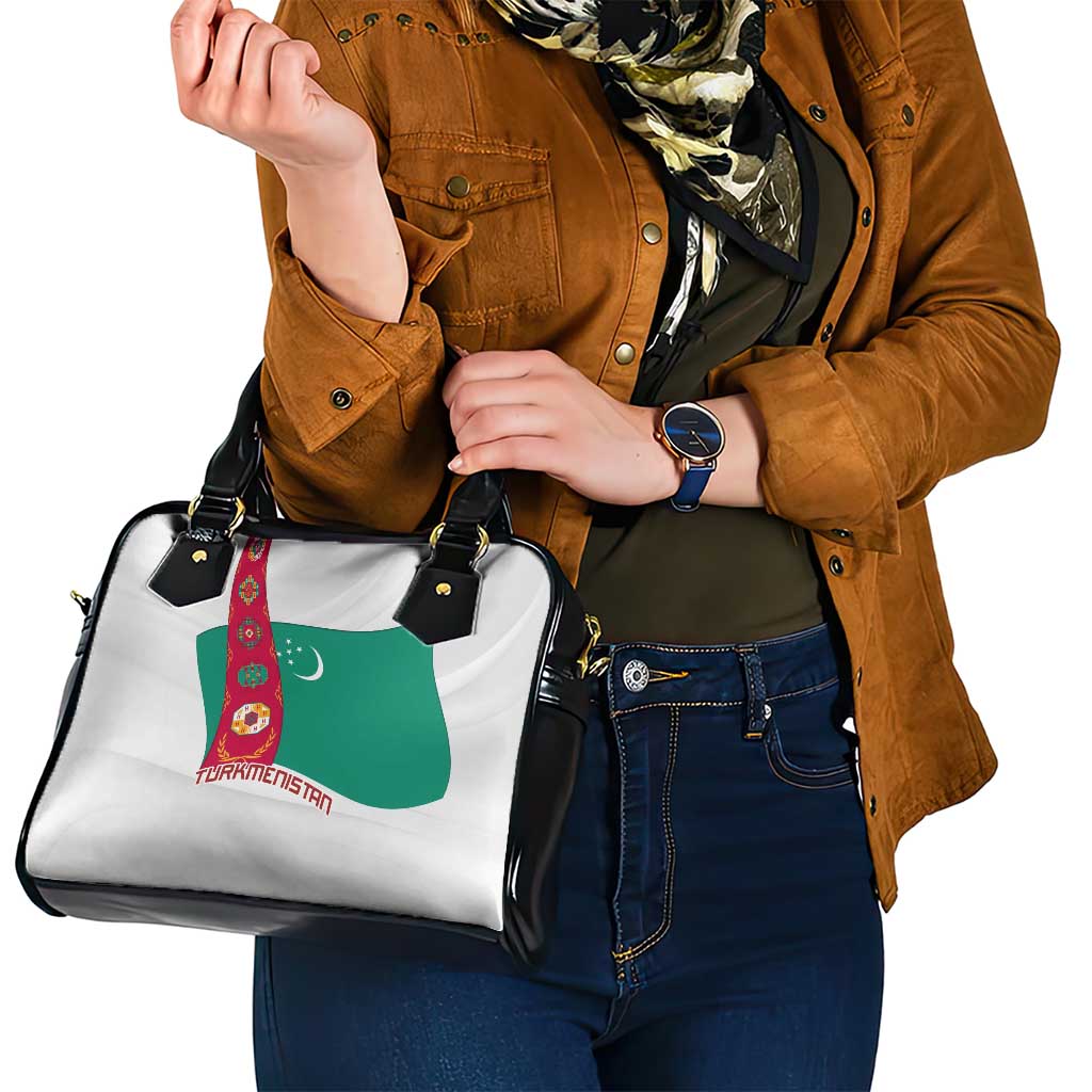 Turkmenistan Flag Shoulder Handbag with National Emblem and Carpet Stripe Design TS04