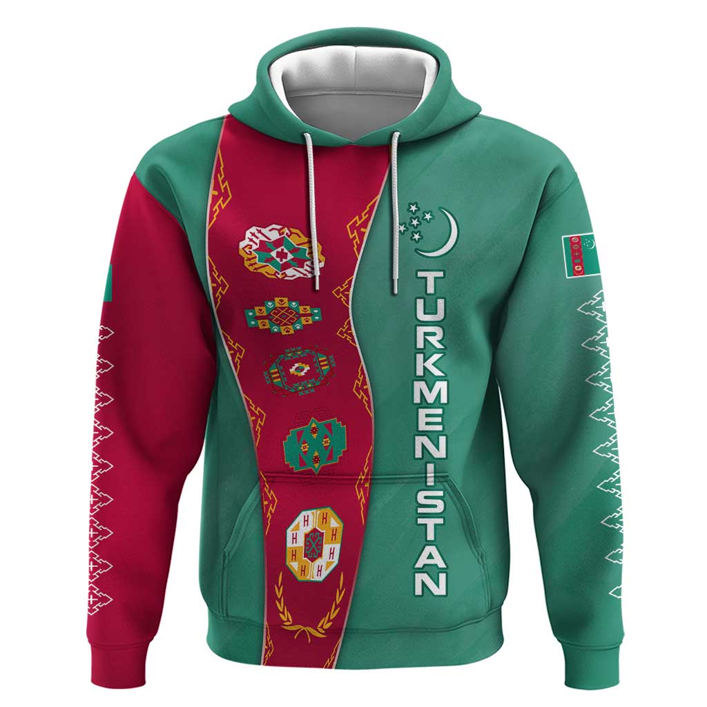 Turkmenistan National Symbols Hoodie with Crescent Moon, Stars, and Traditional Carpet Pattern Design TS04
