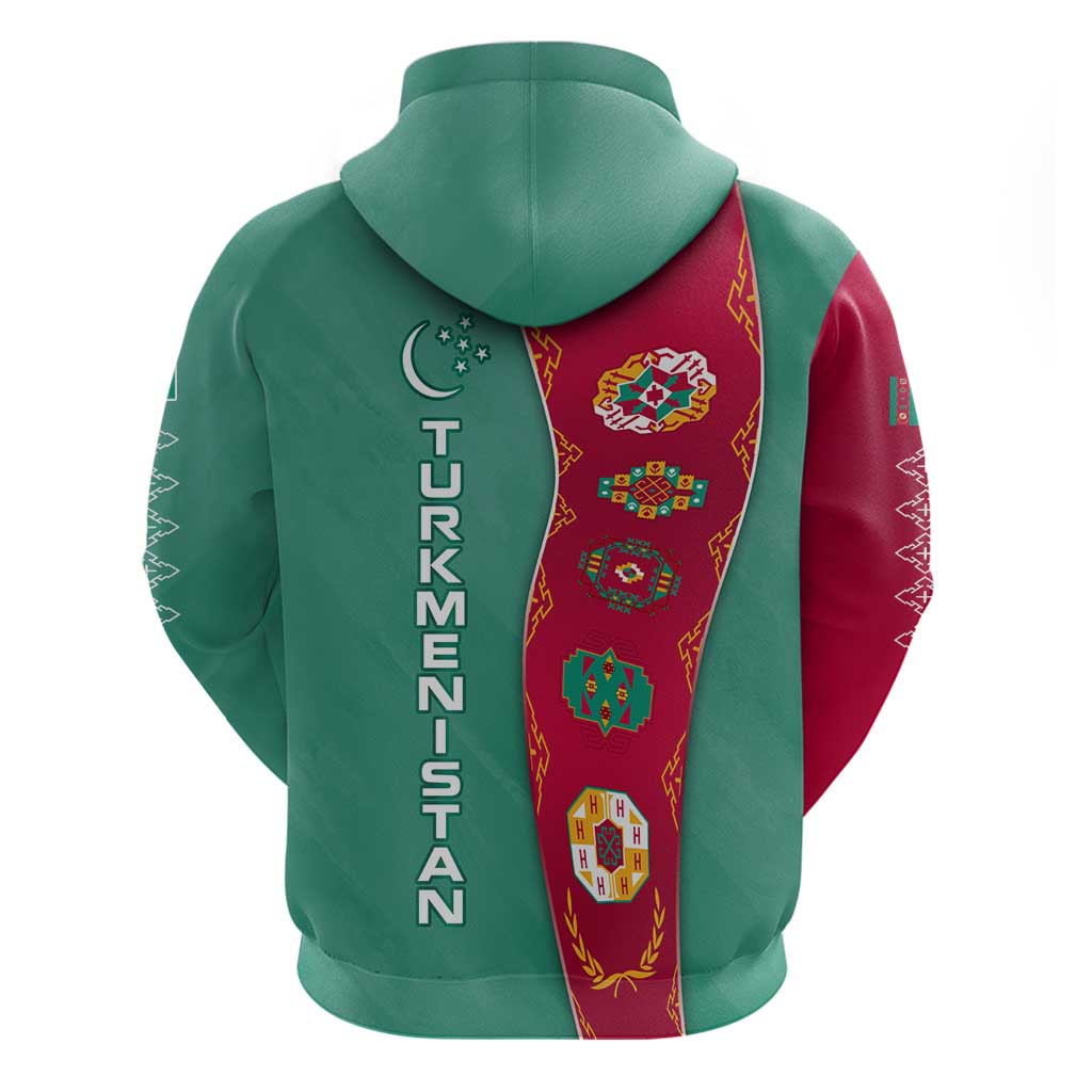 Turkmenistan National Symbols Hoodie with Crescent Moon, Stars, and Traditional Carpet Pattern Design TS04