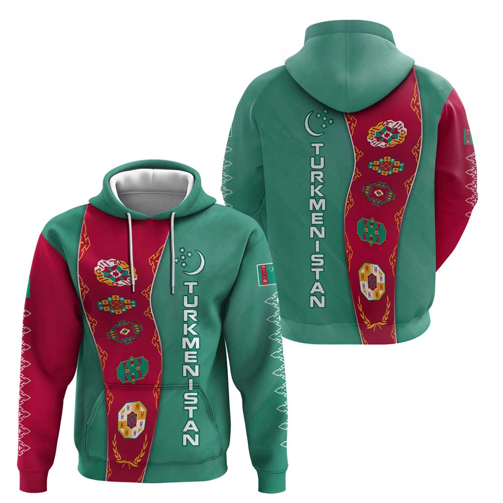 Turkmenistan National Symbols Hoodie with Crescent Moon, Stars, and Traditional Carpet Pattern Design TS04