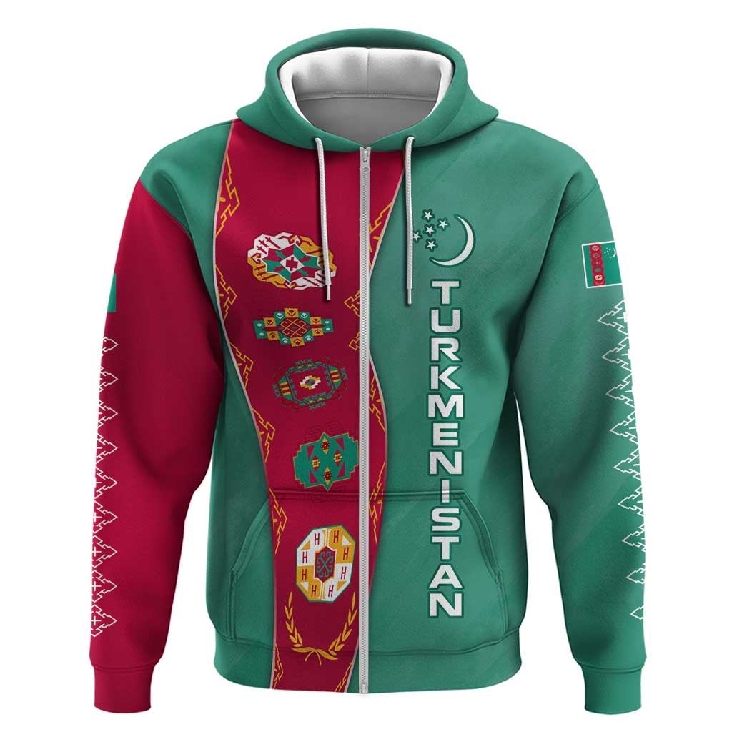 Turkmenistan National Symbols Hoodie with Crescent Moon, Stars, and Traditional Carpet Pattern Design TS04