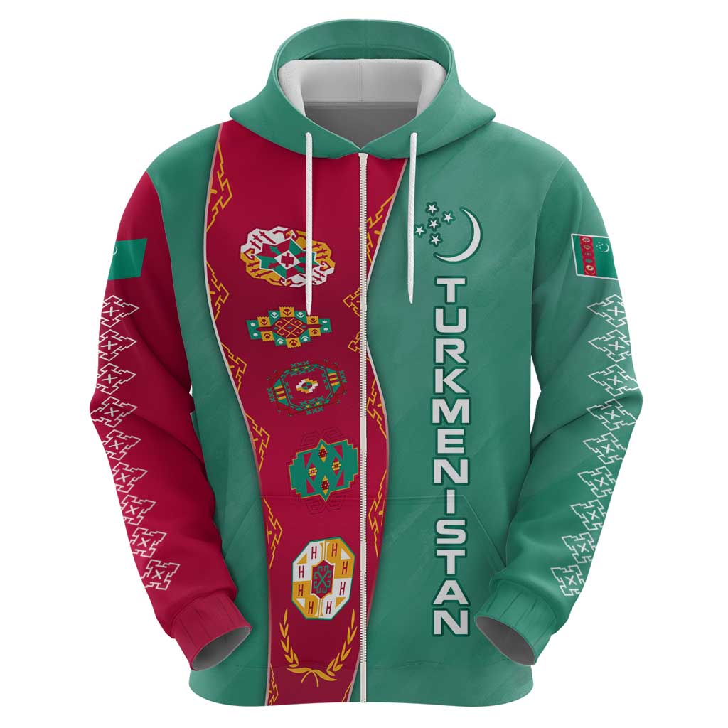 Turkmenistan National Symbols Hoodie with Crescent Moon, Stars, and Traditional Carpet Pattern Design TS04