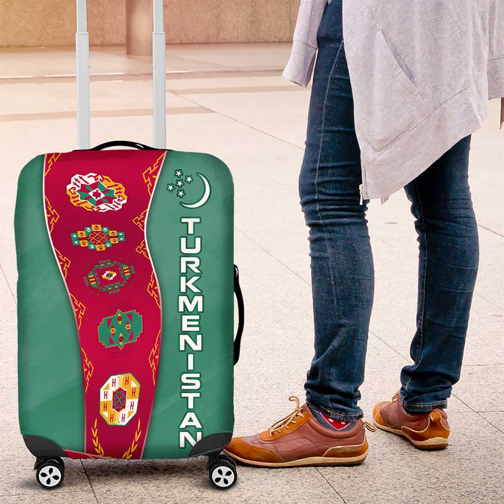 Turkmenistan National Symbols Luggage Cover with Crescent Moon, Stars, and Traditional Carpet Pattern Design TS04