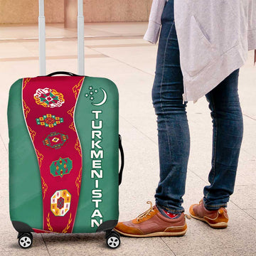 Turkmenistan National Symbols Luggage Cover with Crescent Moon, Stars, and Traditional Carpet Pattern Design TS04