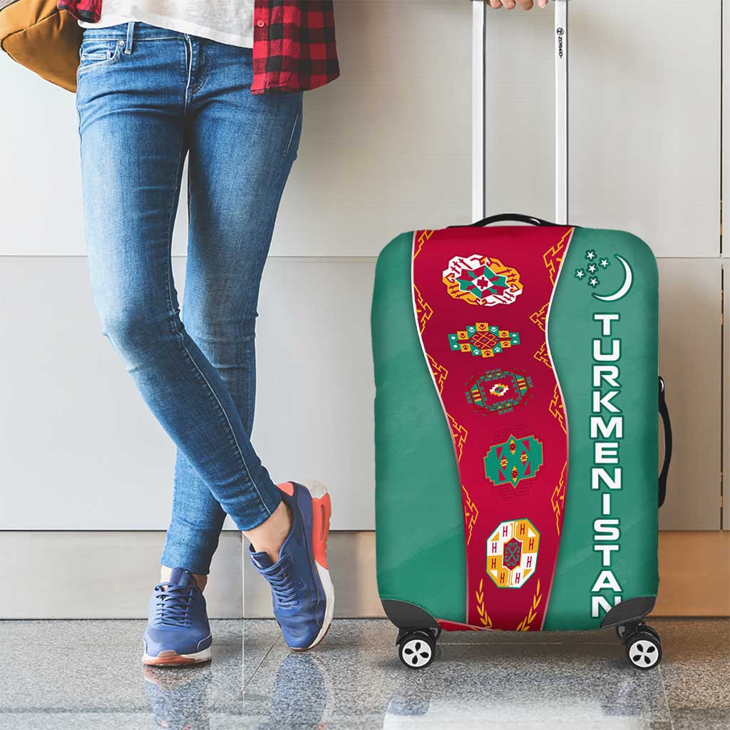 Turkmenistan National Symbols Luggage Cover with Crescent Moon, Stars, and Traditional Carpet Pattern Design TS04