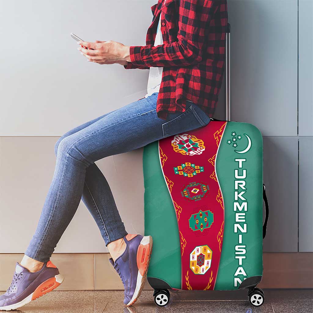 Turkmenistan National Symbols Luggage Cover with Crescent Moon, Stars, and Traditional Carpet Pattern Design TS04