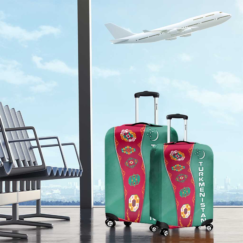Turkmenistan National Symbols Luggage Cover with Crescent Moon, Stars, and Traditional Carpet Pattern Design TS04