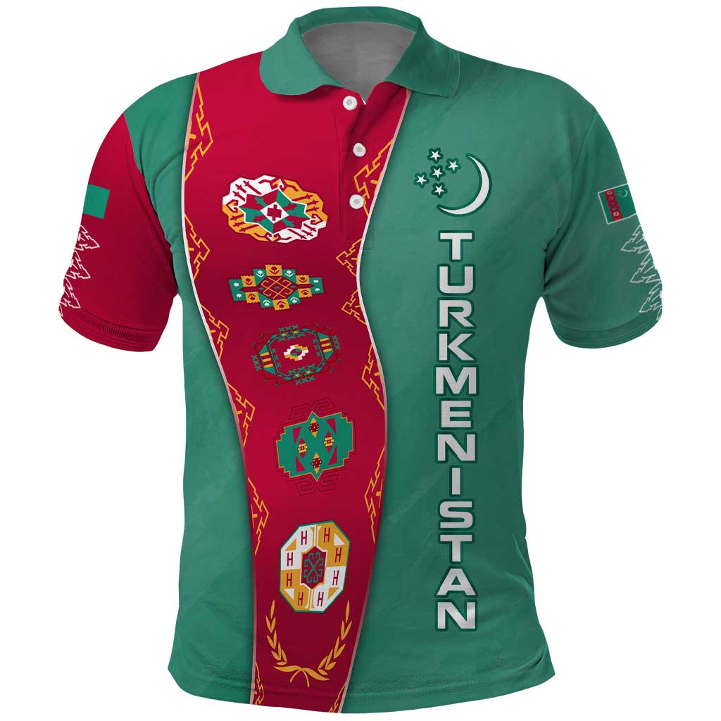 Turkmenistan National Symbols Polo Shirt with Crescent Moon, Stars, and Traditional Carpet Pattern Design TS04