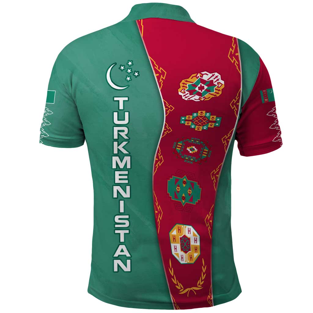 Turkmenistan National Symbols Polo Shirt with Crescent Moon, Stars, and Traditional Carpet Pattern Design TS04