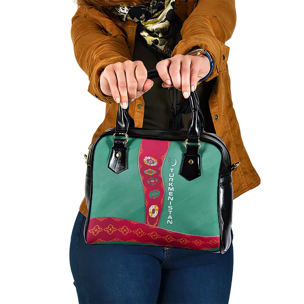 Turkmenistan National Symbols Shoulder Handbag with Crescent Moon, Stars, and Traditional Carpet Pattern Design TS04