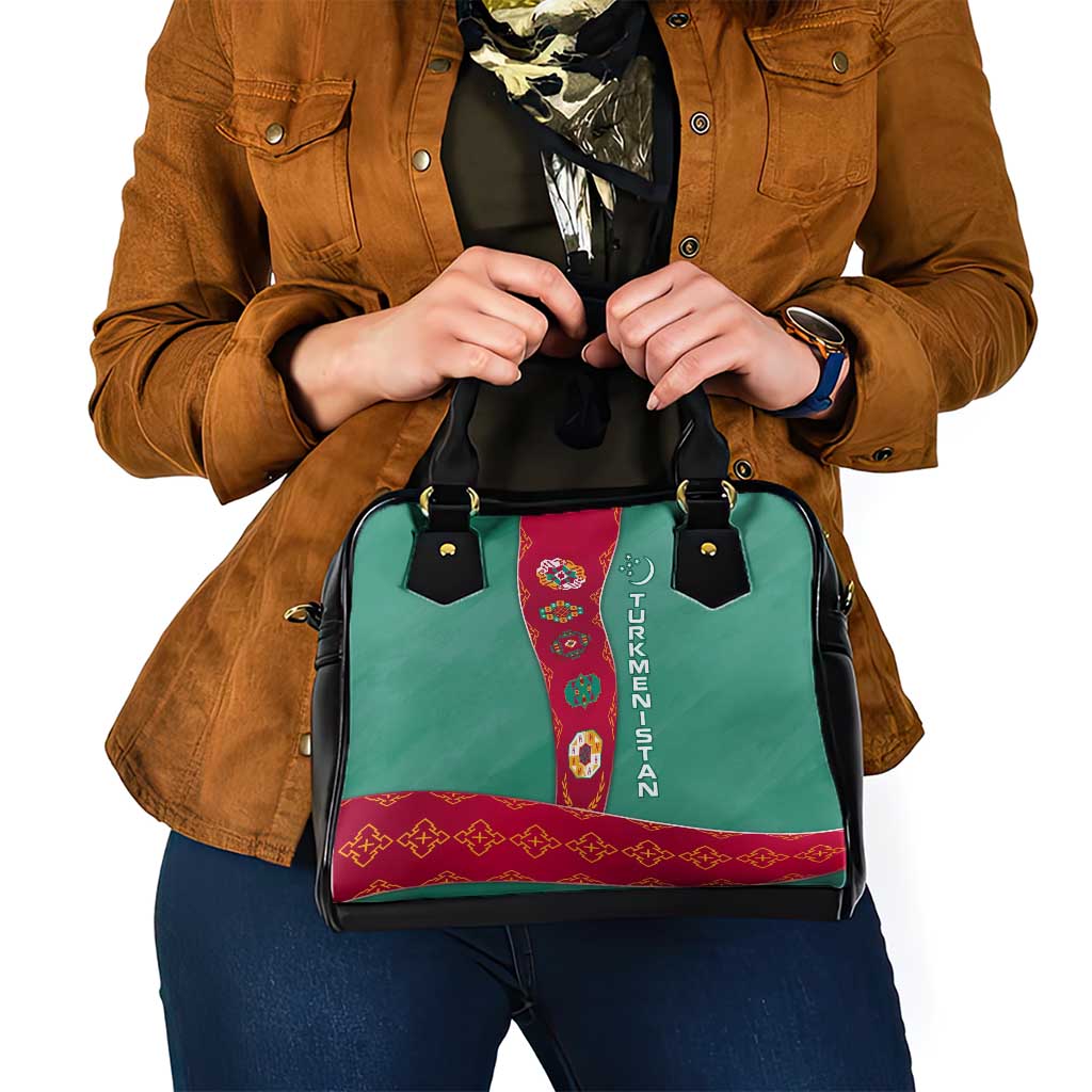 Turkmenistan National Symbols Shoulder Handbag with Crescent Moon, Stars, and Traditional Carpet Pattern Design TS04