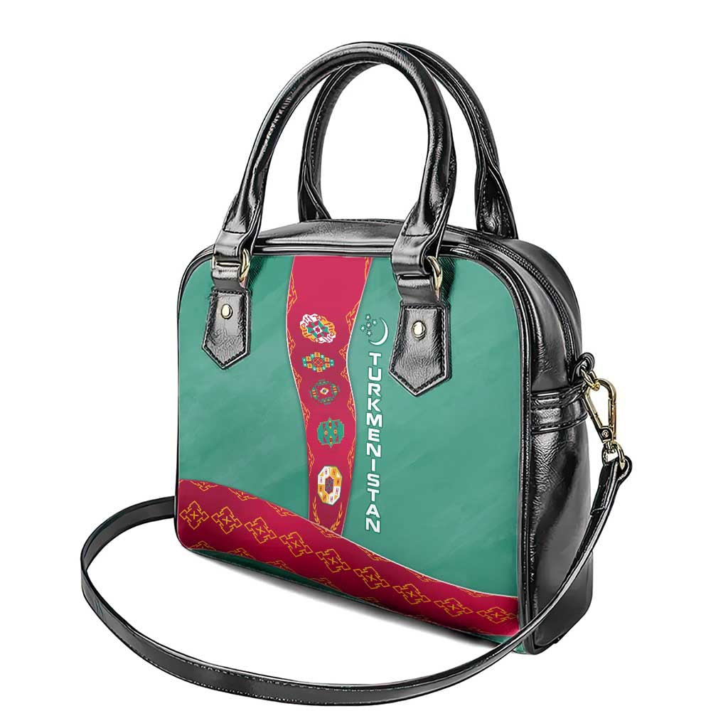 Turkmenistan National Symbols Shoulder Handbag with Crescent Moon, Stars, and Traditional Carpet Pattern Design TS04