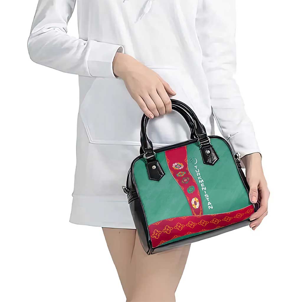 Turkmenistan National Symbols Shoulder Handbag with Crescent Moon, Stars, and Traditional Carpet Pattern Design TS04