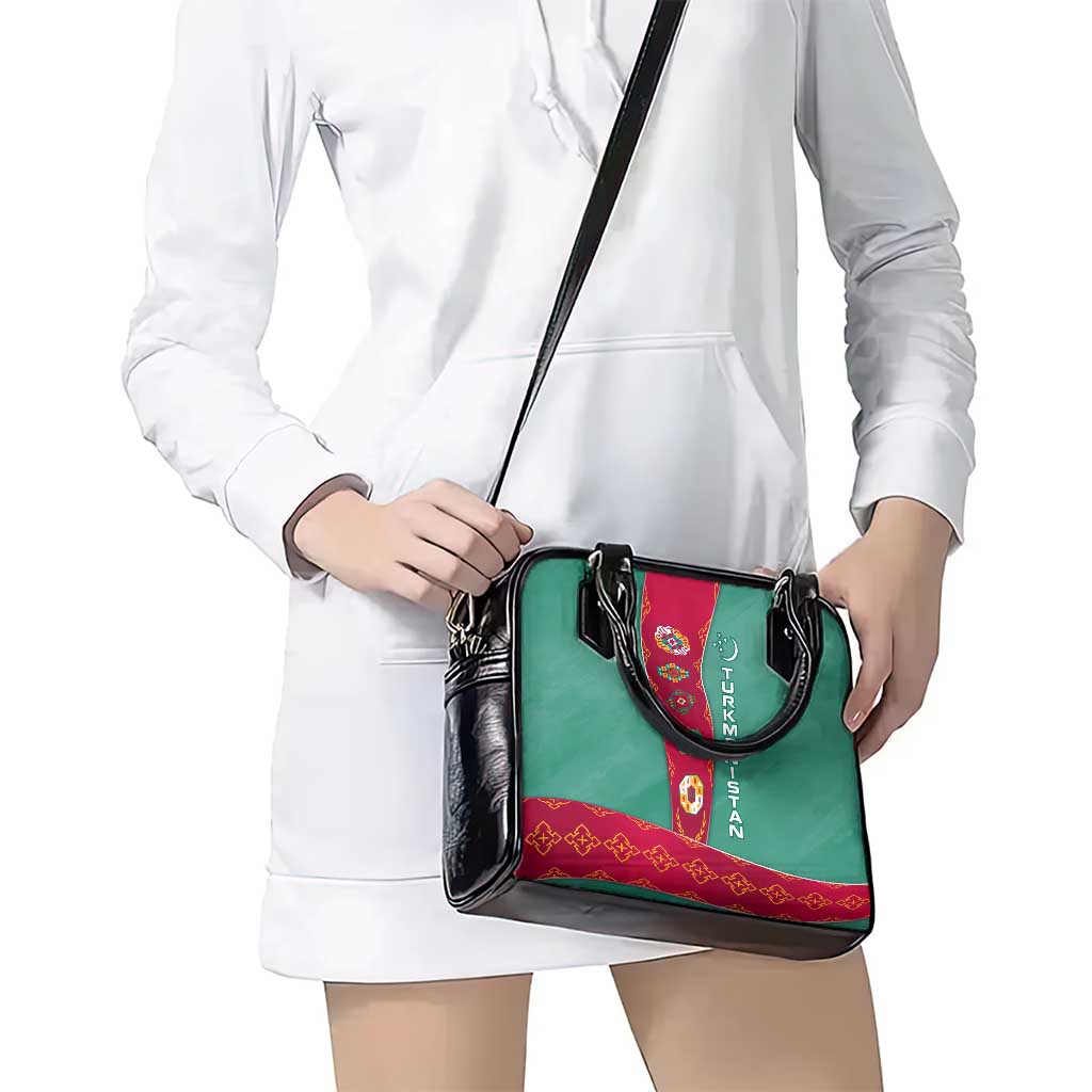 Turkmenistan National Symbols Shoulder Handbag with Crescent Moon, Stars, and Traditional Carpet Pattern Design TS04