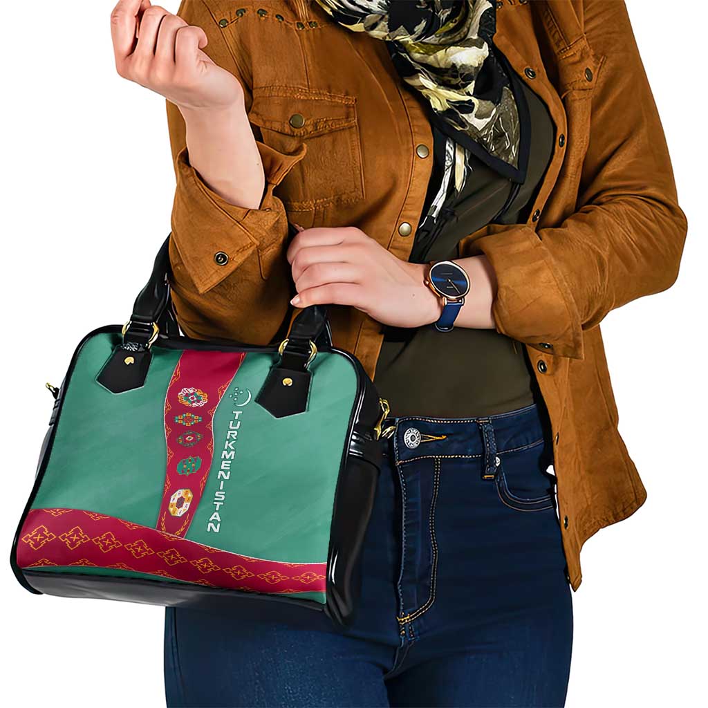 Turkmenistan National Symbols Shoulder Handbag with Crescent Moon, Stars, and Traditional Carpet Pattern Design TS04
