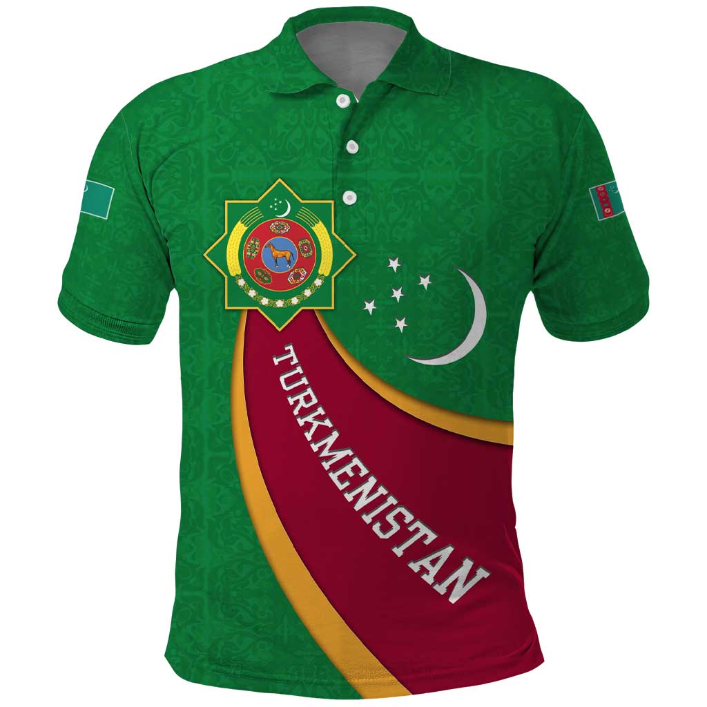 Turkmenistan Green Polo Shirt with Crescent Moon and State Emblem Design TS04