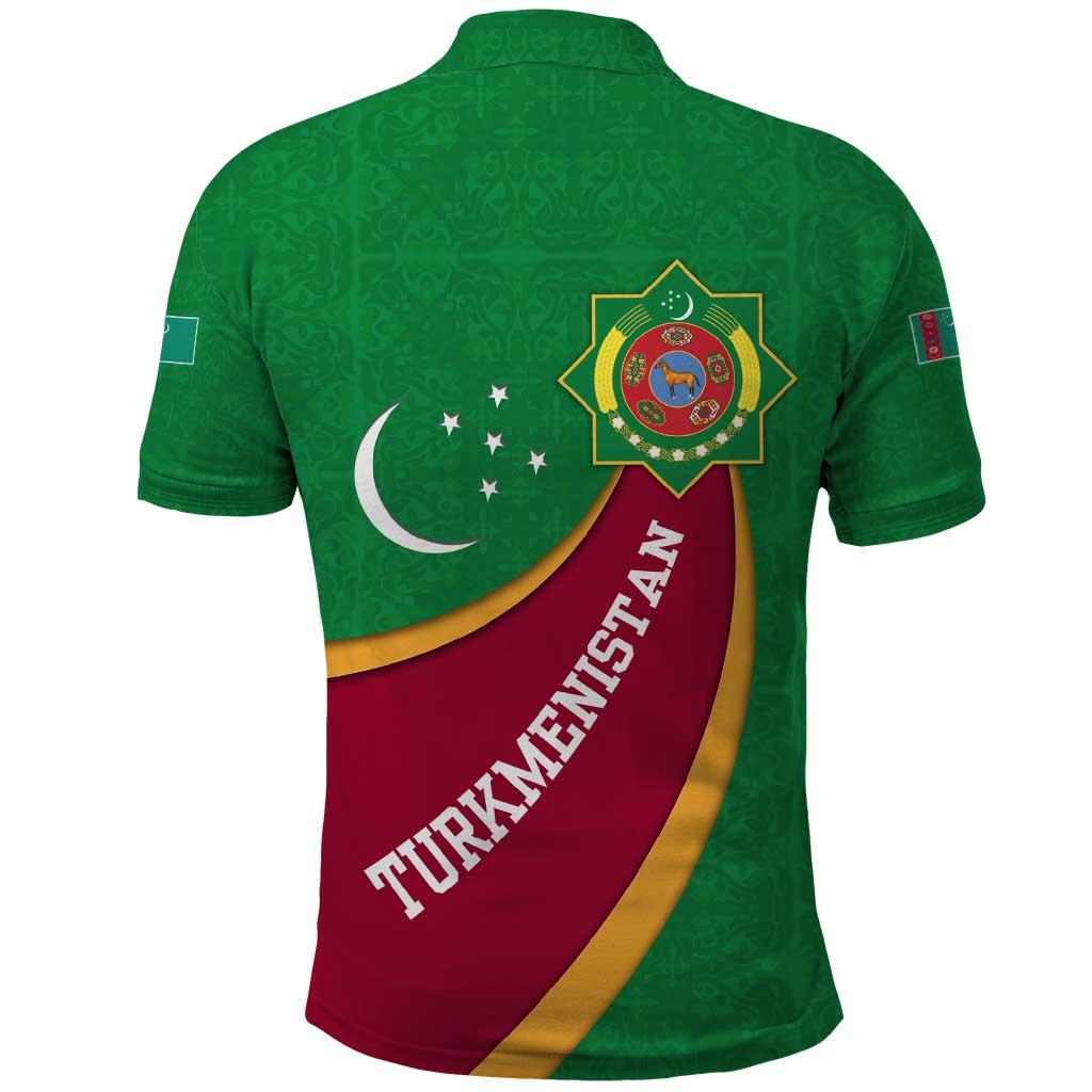 Turkmenistan Green Polo Shirt with Crescent Moon and State Emblem Design TS04