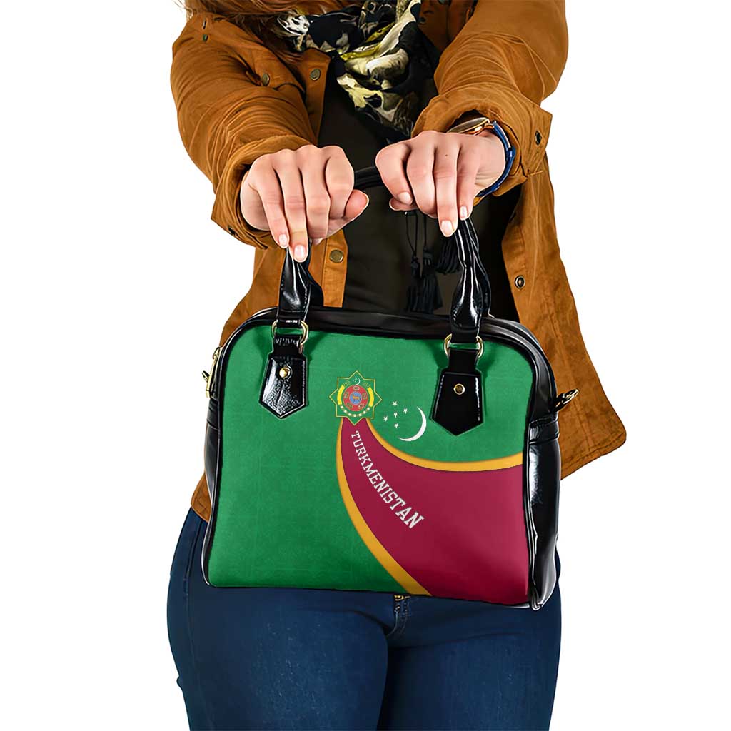 Turkmenistan Green Shoulder Handbag with Crescent Moon and State Emblem Design TS04