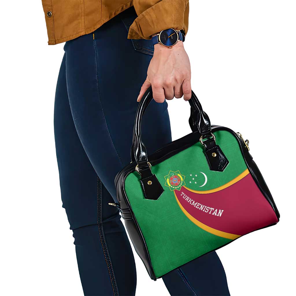 Turkmenistan Green Shoulder Handbag with Crescent Moon and State Emblem Design TS04