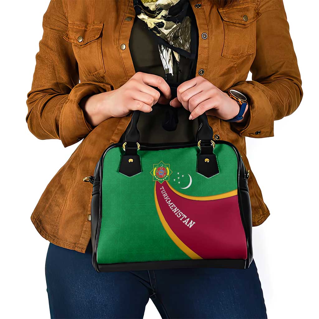 Turkmenistan Green Shoulder Handbag with Crescent Moon and State Emblem Design TS04