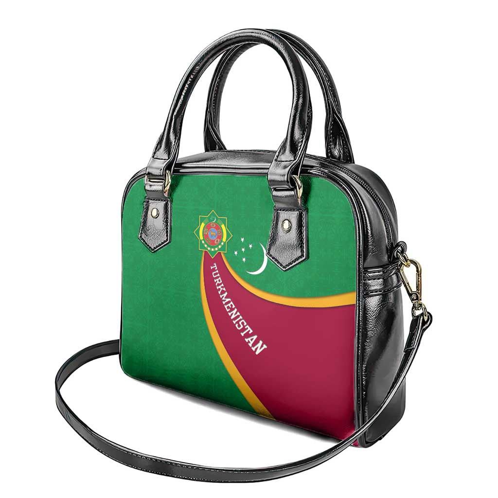 Turkmenistan Green Shoulder Handbag with Crescent Moon and State Emblem Design TS04