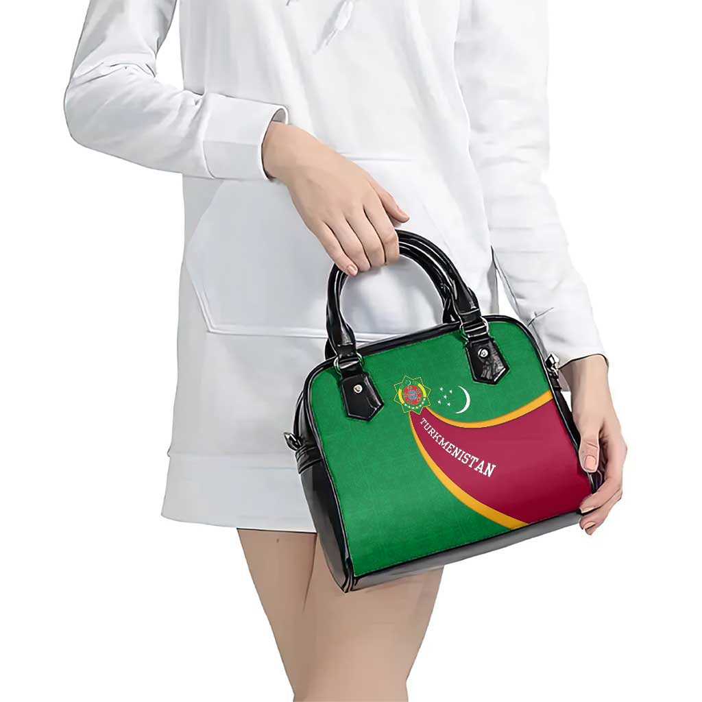 Turkmenistan Green Shoulder Handbag with Crescent Moon and State Emblem Design TS04