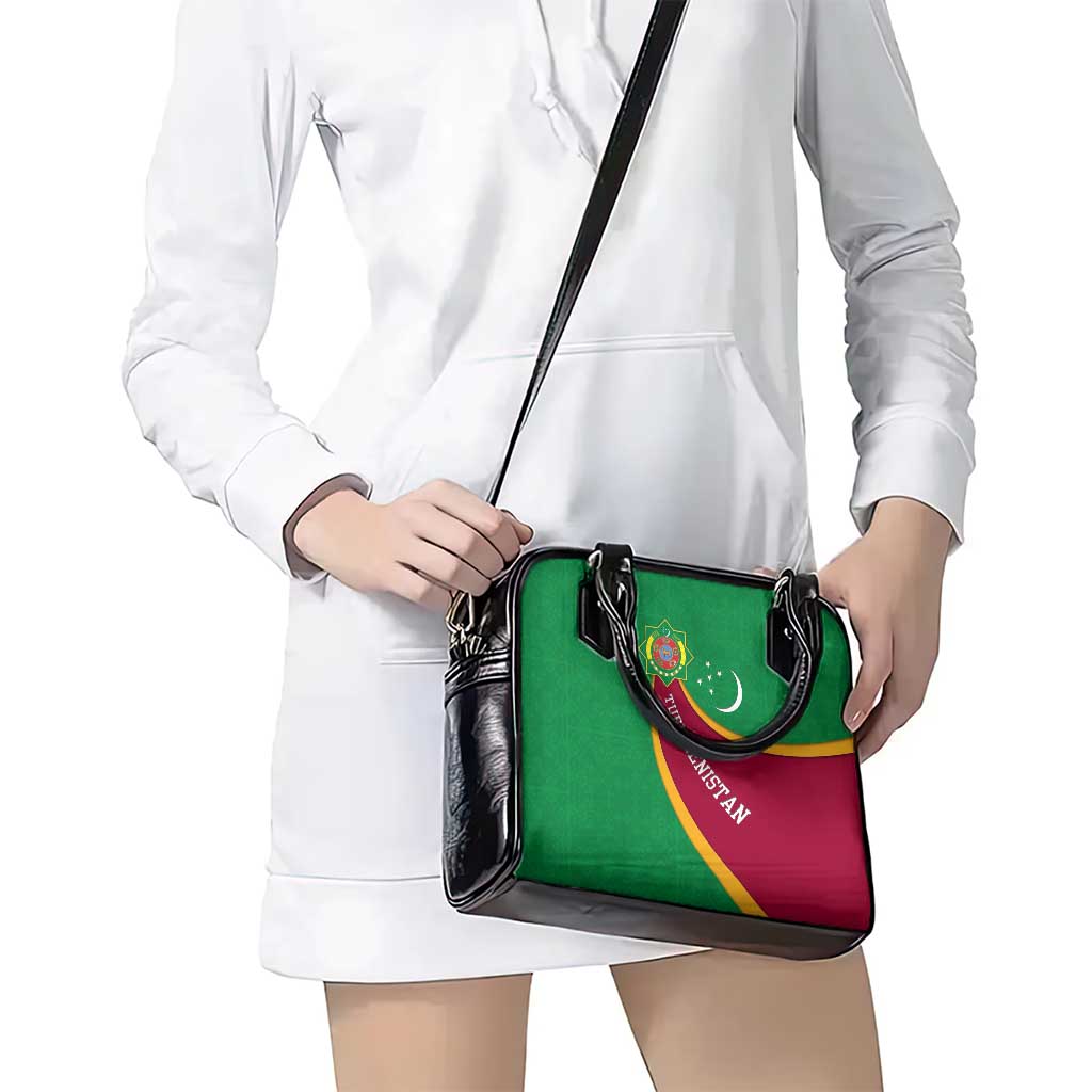 Turkmenistan Green Shoulder Handbag with Crescent Moon and State Emblem Design TS04