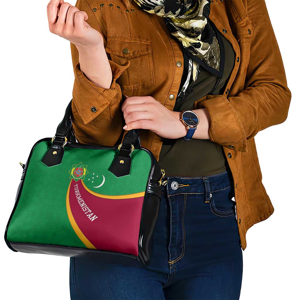 Turkmenistan Green Shoulder Handbag with Crescent Moon and State Emblem Design TS04