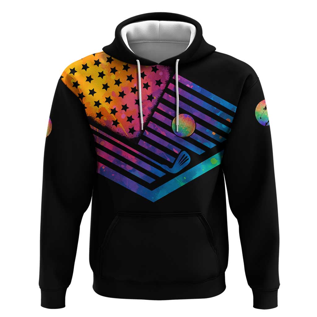 Colorful Golf Hoodie Watercolor American Flag Female Golfer Silhouette in Rainbow Gradient TS04