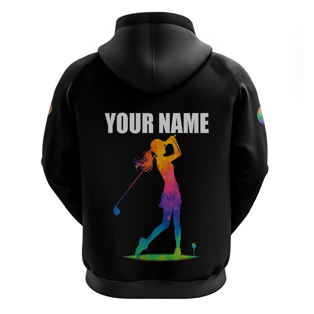 Colorful Golf Hoodie Watercolor American Flag Female Golfer Silhouette in Rainbow Gradient TS04