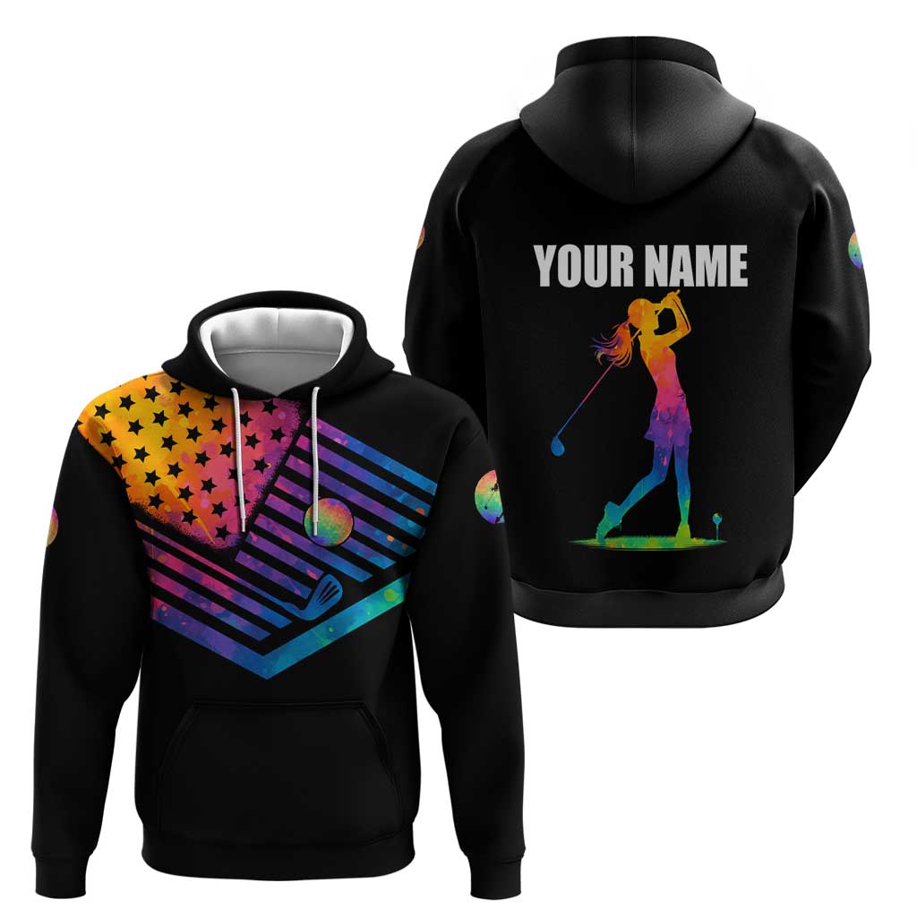 Colorful Golf Hoodie Watercolor American Flag Female Golfer Silhouette in Rainbow Gradient TS04