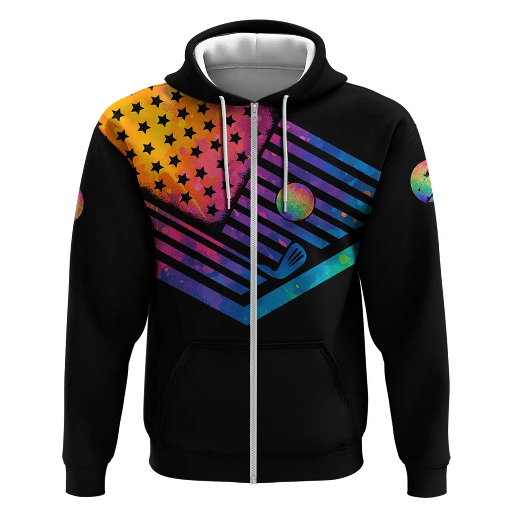 Colorful Golf Hoodie Watercolor American Flag Female Golfer Silhouette in Rainbow Gradient TS04