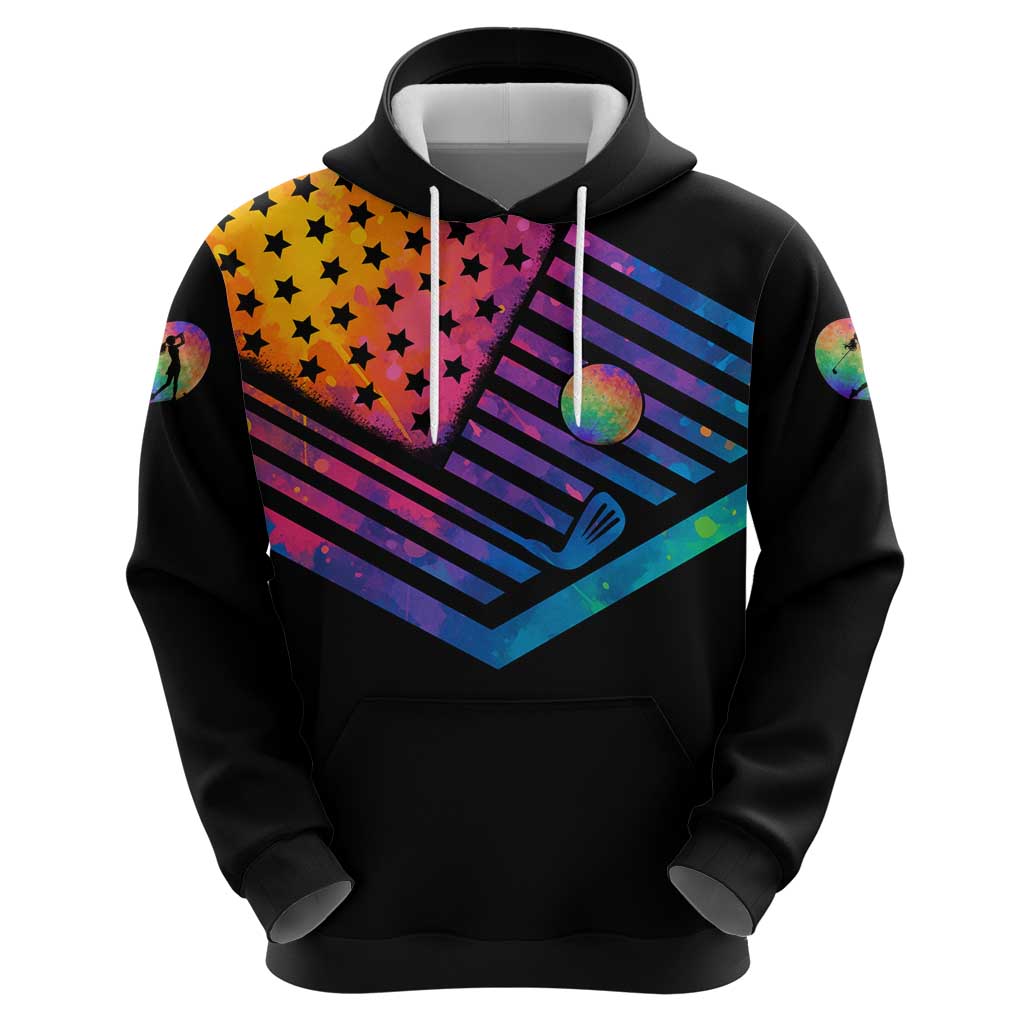 Colorful Golf Hoodie Watercolor American Flag Female Golfer Silhouette in Rainbow Gradient TS04