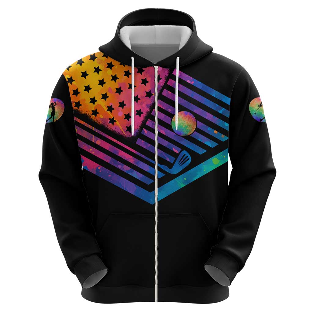 Colorful Golf Hoodie Watercolor American Flag Female Golfer Silhouette in Rainbow Gradient TS04