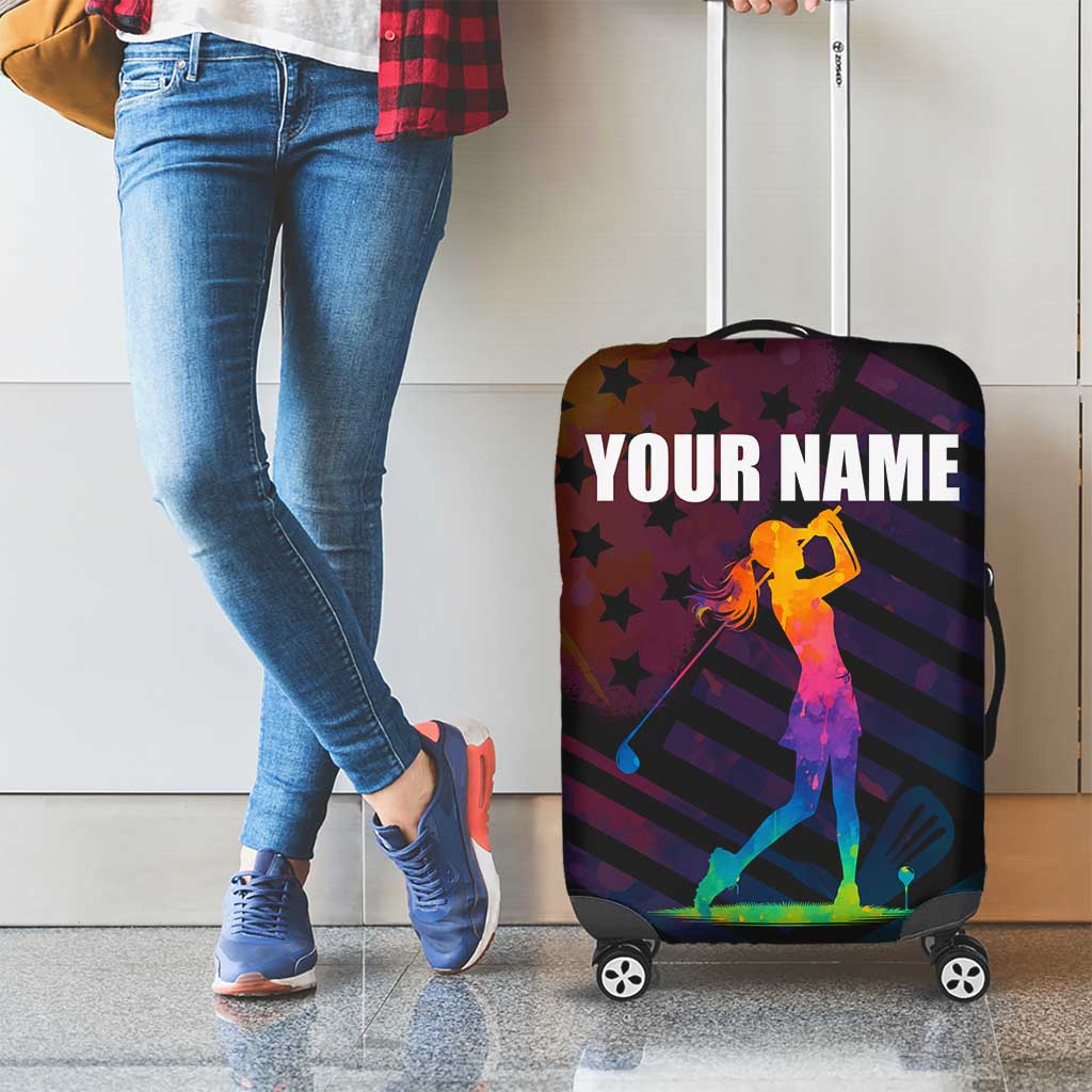 Colorful Golf Luggage Cover Watercolor American Flag Female Golfer Silhouette in Rainbow Gradient TS04