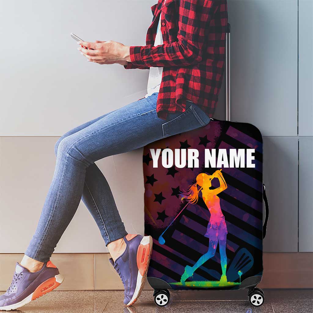 Colorful Golf Luggage Cover Watercolor American Flag Female Golfer Silhouette in Rainbow Gradient TS04