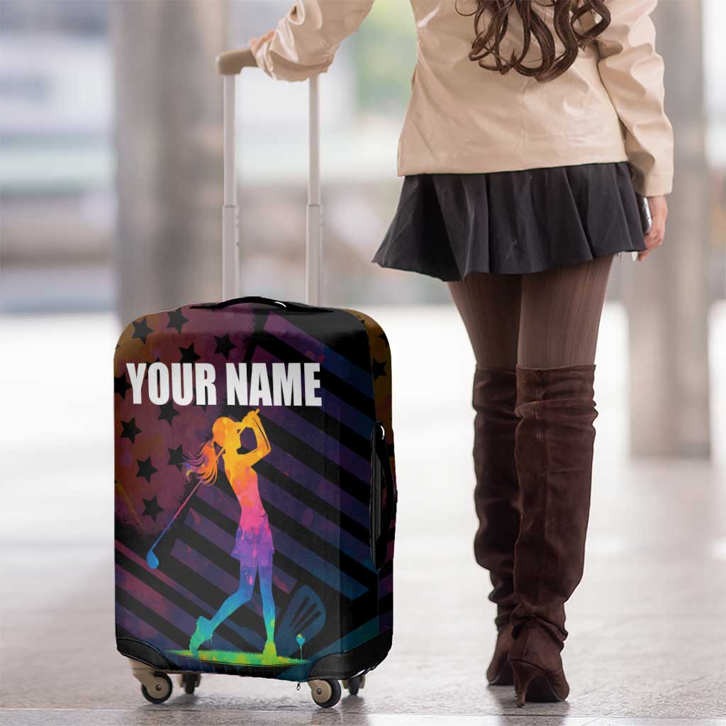 Colorful Golf Luggage Cover Watercolor American Flag Female Golfer Silhouette in Rainbow Gradient TS04