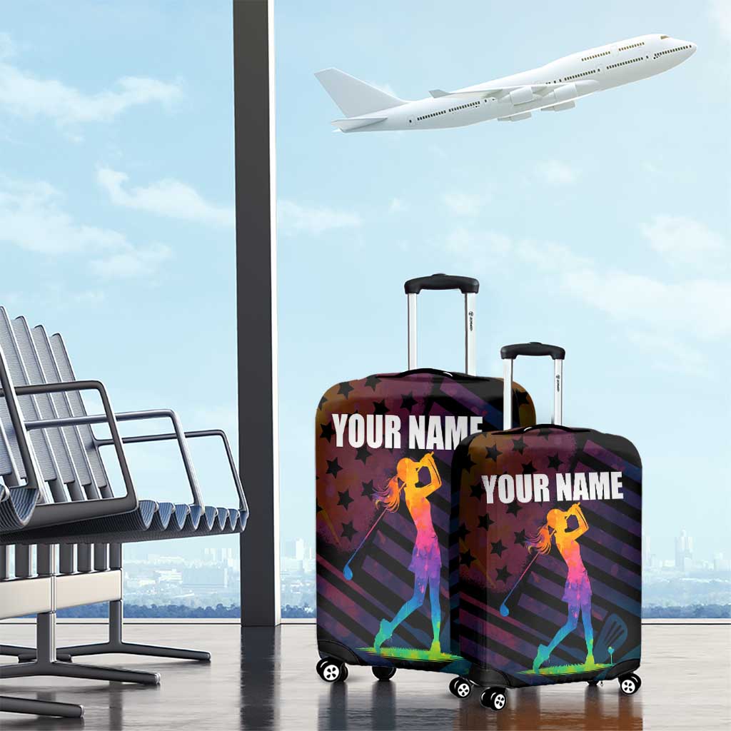 Colorful Golf Luggage Cover Watercolor American Flag Female Golfer Silhouette in Rainbow Gradient TS04