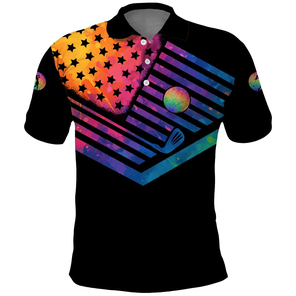Colorful Golf Polo Shirt Watercolor American Flag Female Golfer Silhouette in Rainbow Gradient TS04