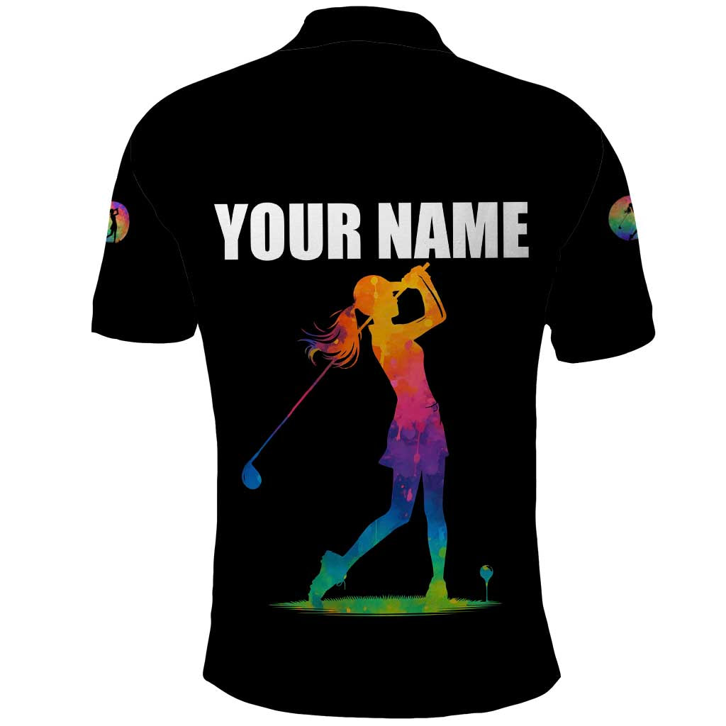 Colorful Golf Polo Shirt Watercolor American Flag Female Golfer Silhouette in Rainbow Gradient TS04