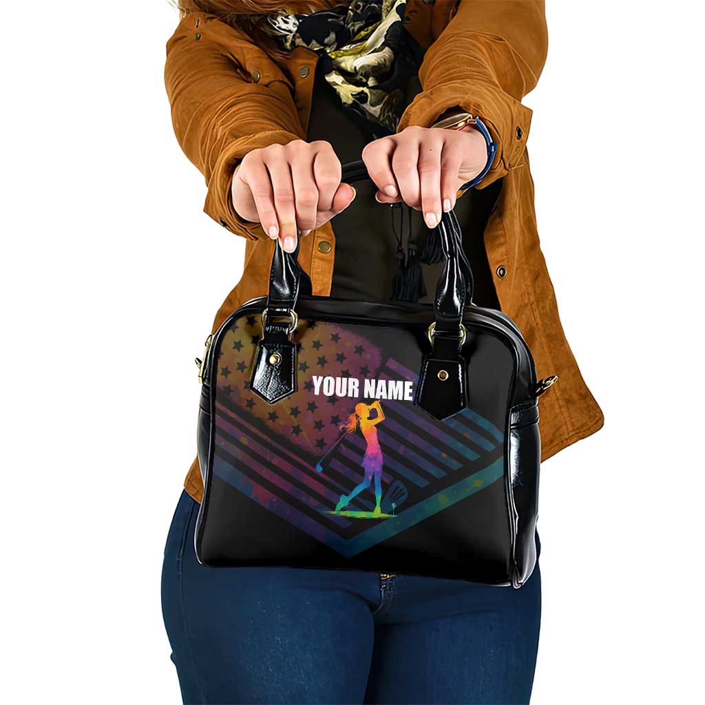 Colorful Golf Shoulder Handbag Watercolor American Flag Female Golfer Silhouette in Rainbow Gradient TS04