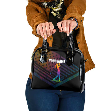Colorful Golf Shoulder Handbag Watercolor American Flag Female Golfer Silhouette in Rainbow Gradient TS04
