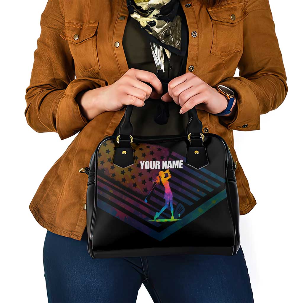 Colorful Golf Shoulder Handbag Watercolor American Flag Female Golfer Silhouette in Rainbow Gradient TS04
