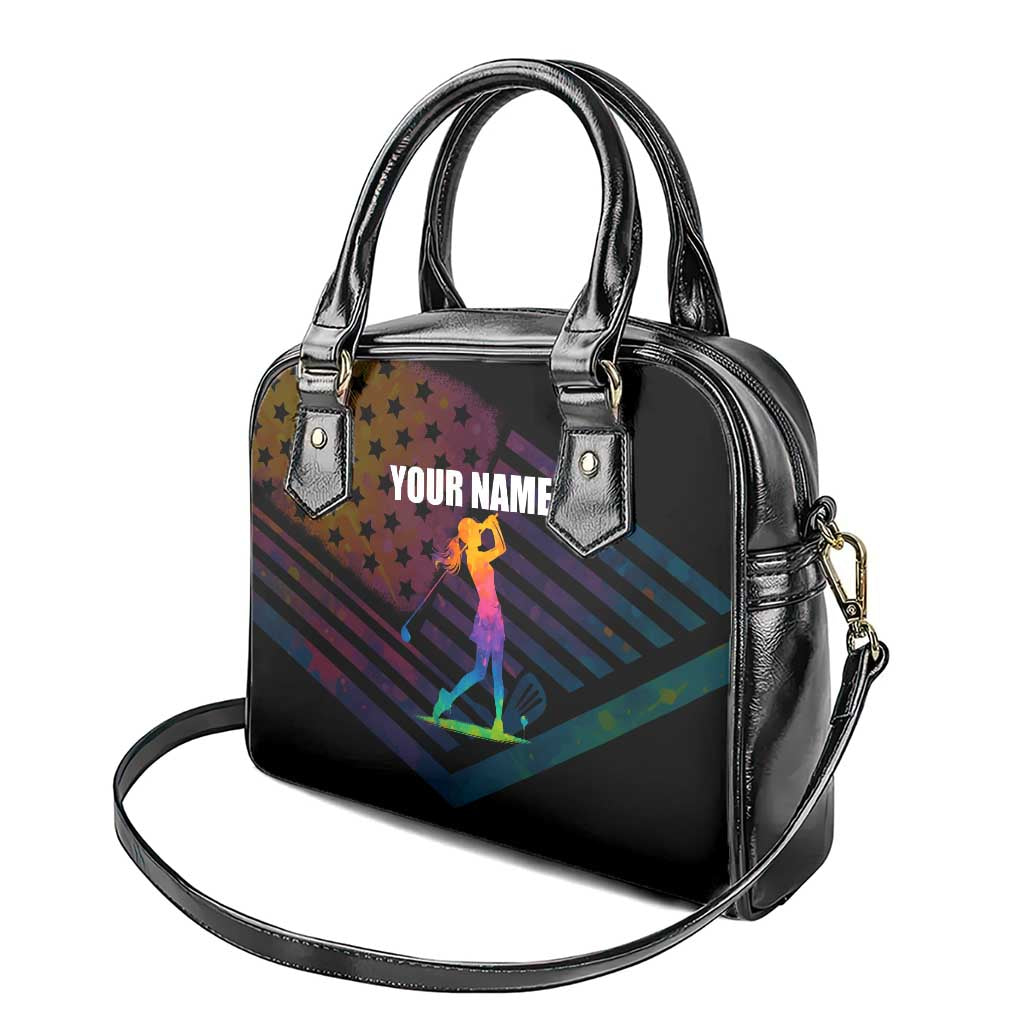 Colorful Golf Shoulder Handbag Watercolor American Flag Female Golfer Silhouette in Rainbow Gradient TS04