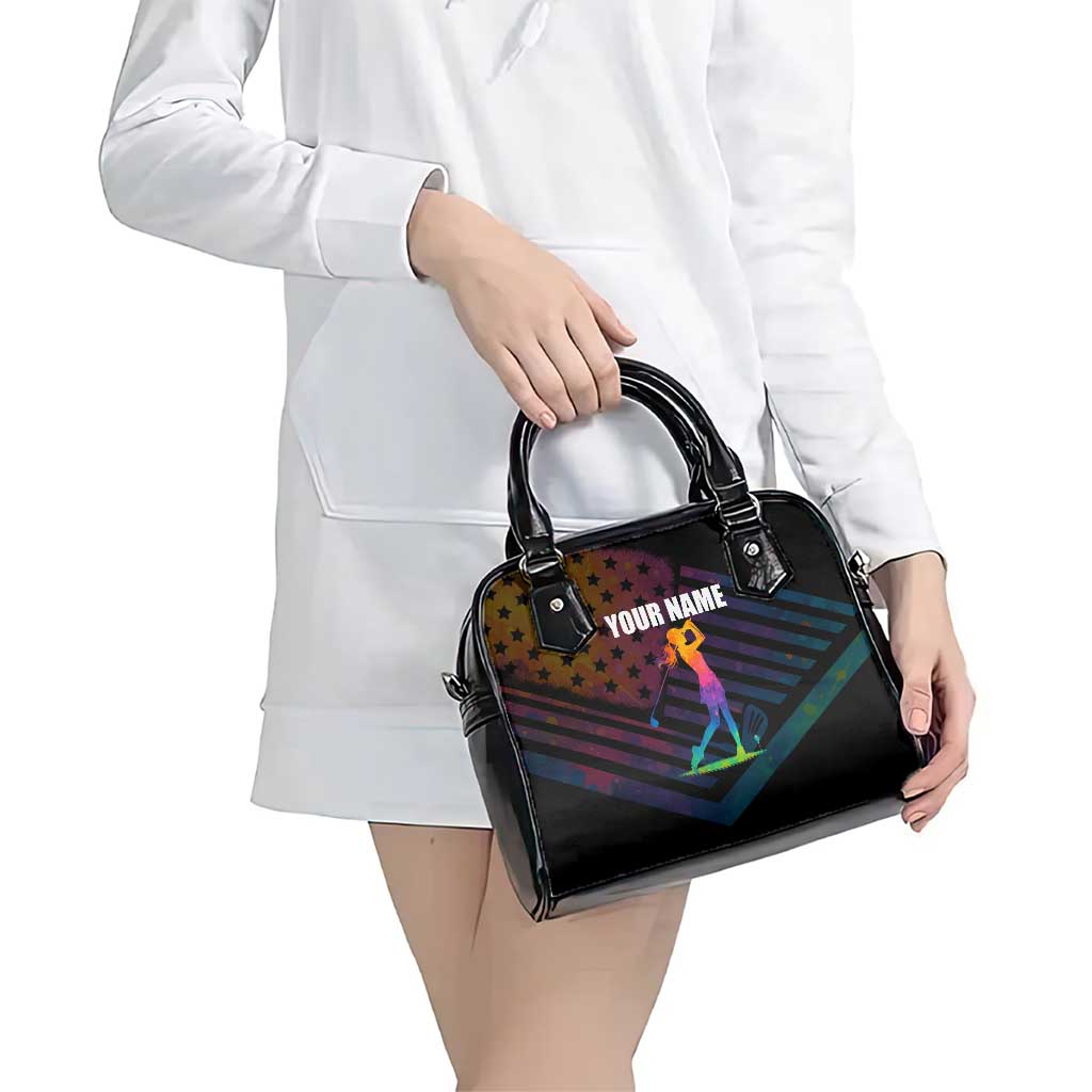 Colorful Golf Shoulder Handbag Watercolor American Flag Female Golfer Silhouette in Rainbow Gradient TS04
