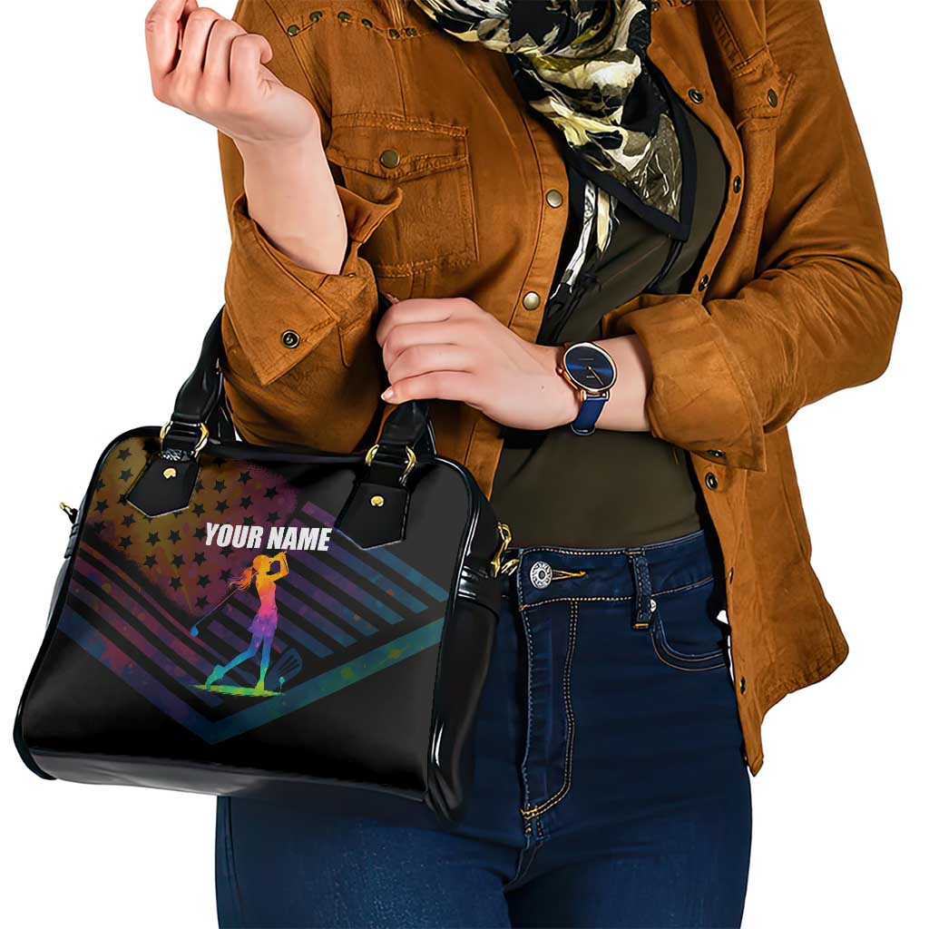 Colorful Golf Shoulder Handbag Watercolor American Flag Female Golfer Silhouette in Rainbow Gradient TS04