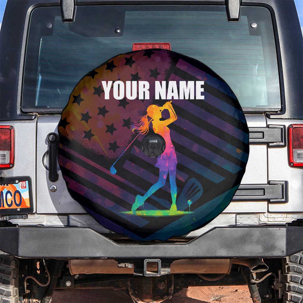Colorful Golf Spare Tire Cover Watercolor American Flag Female Golfer Silhouette in Rainbow Gradient TS04