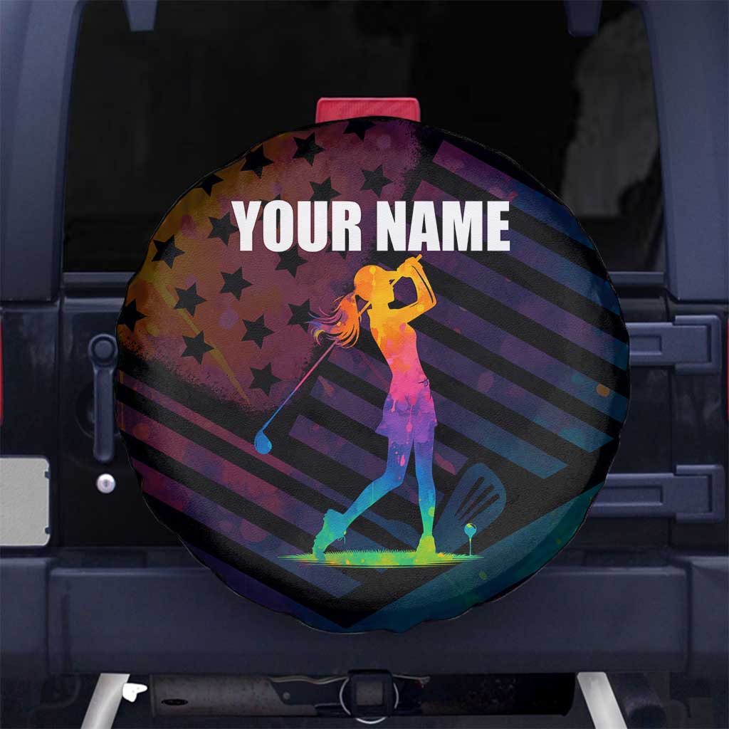 Colorful Golf Spare Tire Cover Watercolor American Flag Female Golfer Silhouette in Rainbow Gradient TS04