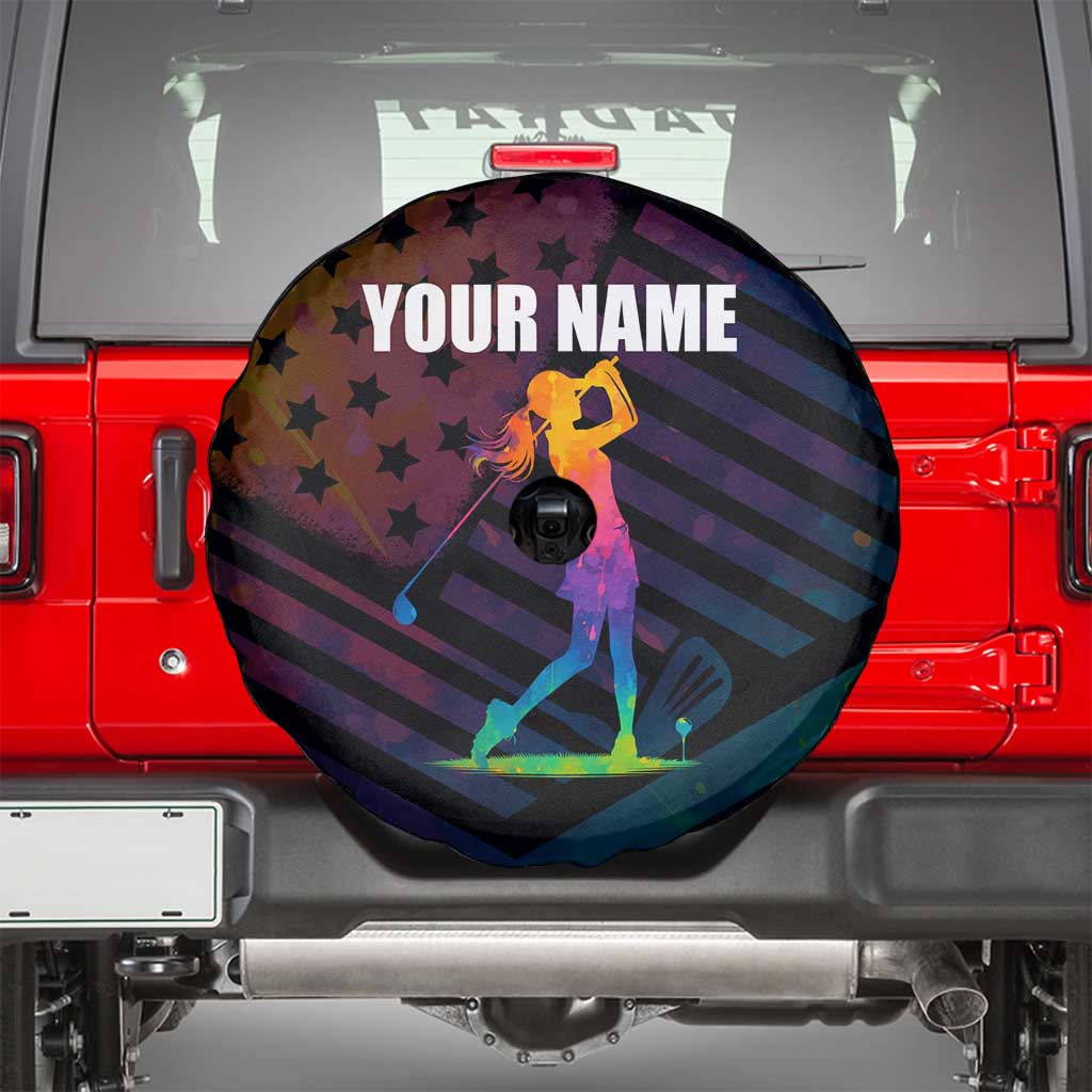 Colorful Golf Spare Tire Cover Watercolor American Flag Female Golfer Silhouette in Rainbow Gradient TS04