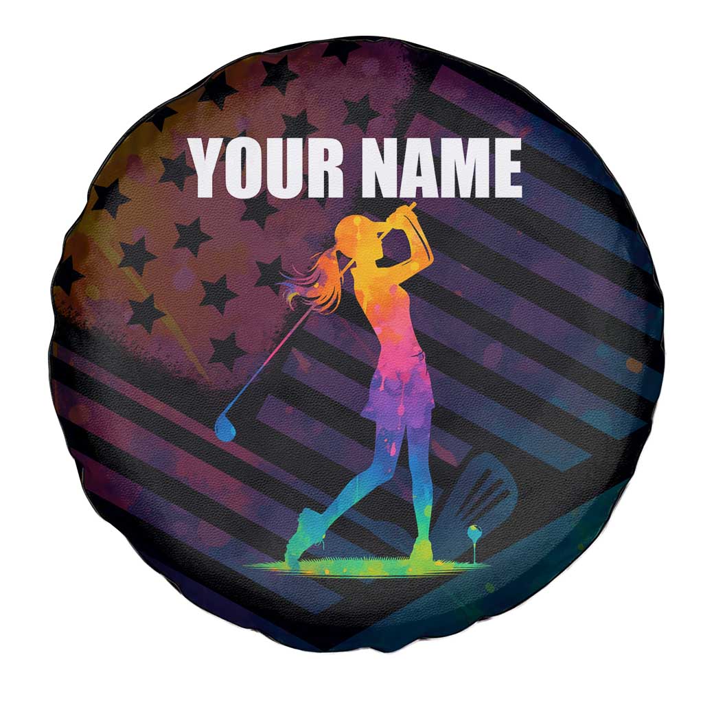 Colorful Golf Spare Tire Cover Watercolor American Flag Female Golfer Silhouette in Rainbow Gradient TS04